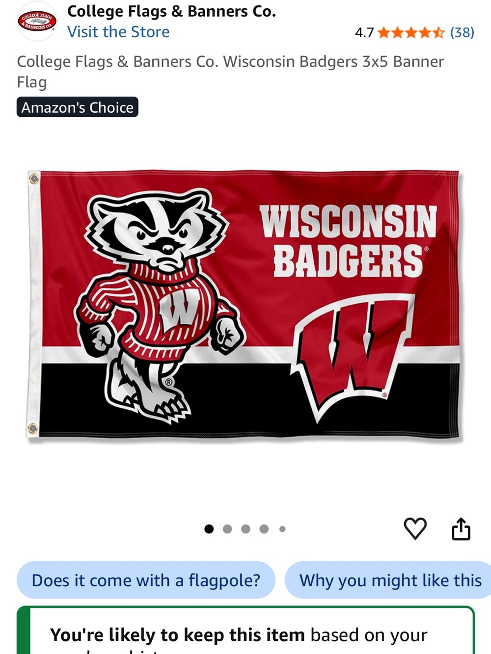 Wisconsin Badgers Red and Black Banner Flag 3 x 5’ Two metal grommets for pole